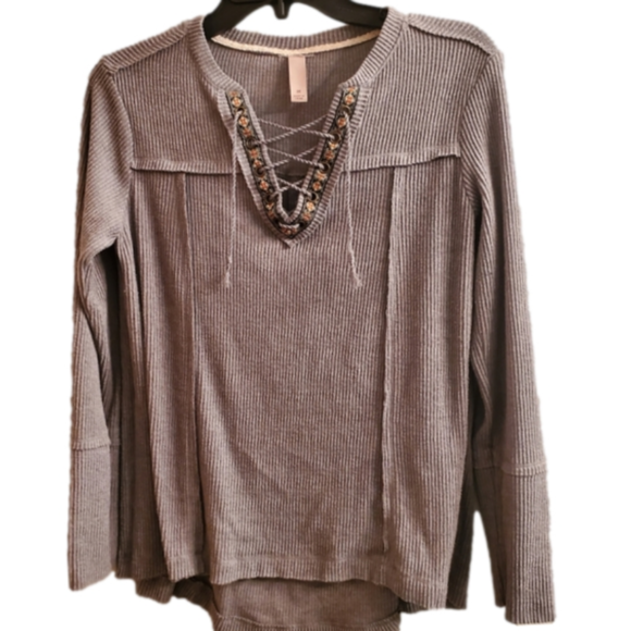 Target Tops - Gray Blouse Medium V-Neck Tassel Drawstring